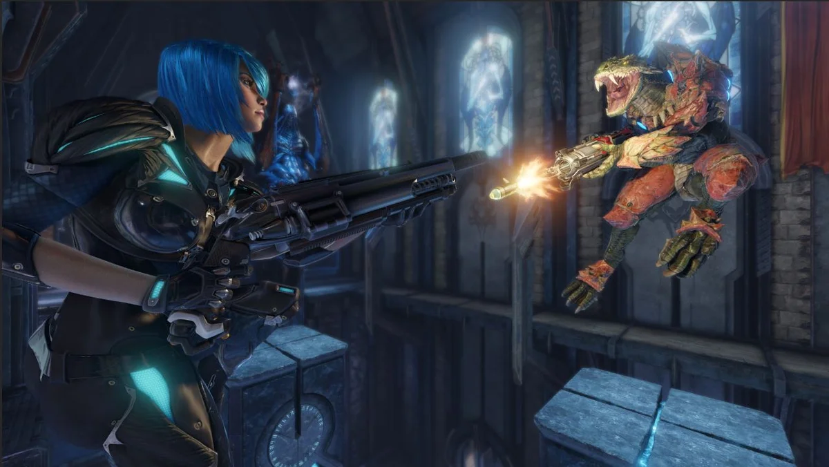 Duello ravvicinato tra due campioni in un'arena gotica in Quake Champions